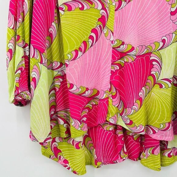 Crown & Ivy Gauzy Pink Lime Green Boho Tunic Top Eyelet Trim Womens Large Flowy - Picture 4 of 8